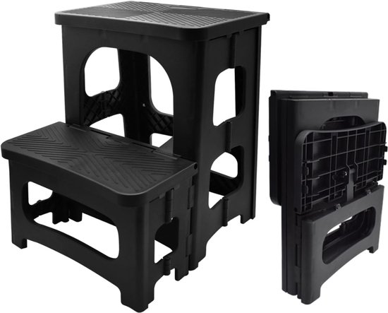 HEZIVO® Opstapje Inklapbaar - Opstapkrukje Volwassenen - Anti-slip - Keukentrapje - Huishoudtrap - 2-Traps Ladder - Zwart - Opvouwbaar