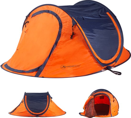 Hikemeister ® 3 Plus Koepeltent Pop up met binnentent – 220 x 120 x 95 CM – Trekking - Fesitval verduisterend - tent 2 persoons - incl. draagtas - waterdichte tent – Oranje Blau SPF 50 zon protectie 2 persoons van Hikemeister