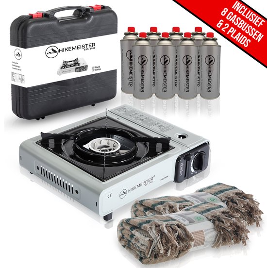 Hikemeister ® camping kooktoestel 1 pit 2200 KW draagbaar - Grijs - Inclusief 8 gasbussen + 2 Plaids - Butaangas Gasstel Gasfornuis Gaspit - Campingkooktoestel Gas Kookplaat - Met Koffer - Noodpakket van Merkloos