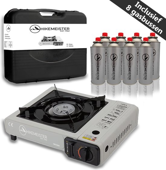 Hikemeister ® camping kooktoestel 1 pit 2200 KW draagbaar – Grijs – Inclusief 8 gasbussen - met Nederlandse beschrijving en CE – Butaangas Gasstel Gasfornuis Gaspit - Campingkooktoestel Gas Kookplaat - Met Koffer van Hikemeister