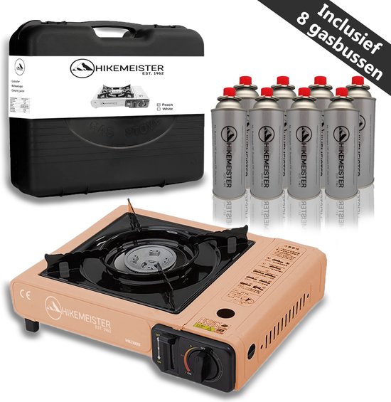 Hikemeister ® camping kooktoestel 1 pit 2200 KW draagbaar - Peach – Inclusief 8 gasbussen - met Nederlandse beschrijving en CE – Butaangas Gasstel Gasfornuis Gaspit - Campingkooktoestel Gas Kookplaat - Met Koffer