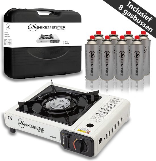 Hikemeister ® camping kooktoestel 1 pit 2200 KW draagbaar - Wit – Inclusief 8 gasbussen - met Nederlandse beschrijving en CE – Butaangas Gasstel Gasfornuis Gaspit - Campingkooktoestel Gas Kookplaat - Met Koffer