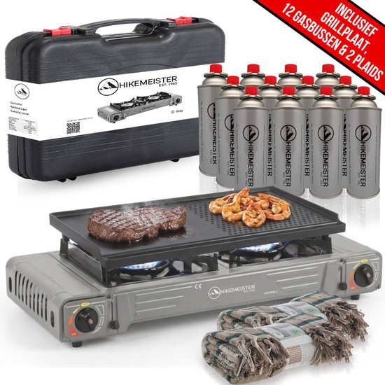 Hikemeister® Dubbel Camping Kooktoestel 2 Pits – 2x 2.2 kW – Inclusief 12 Gasbussen Grillplaat & 2 Plaids – Draagbaar Gasstel – Butaangas Kookplaat – Campingkooktoestel - Met Koffer – Grijs van Merkloos
