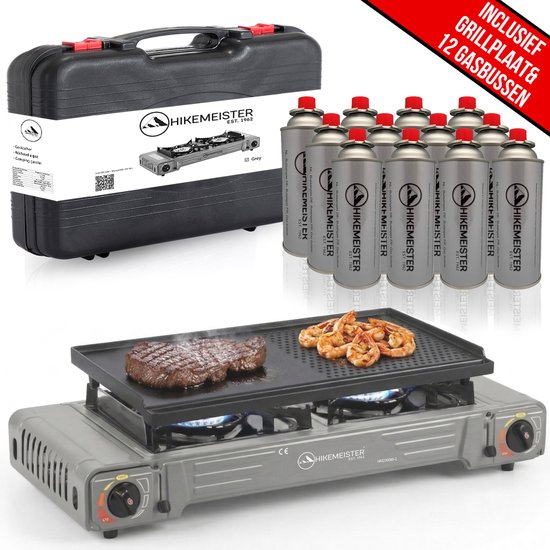 Hikemeister® Dubbel Camping Kooktoestel 2 Pits - 2x 2.2 kW - Inclusief 12 Gasbussen & Grillplaat - Draagbaar Gasstel - Butaangas Kookplaat - Campingkooktoestel - Met Koffer - Grijs van Merkloos