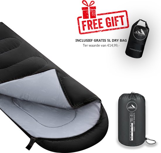 Hikemeister ® Premium mummy slaapzak 1600 gram - kamperen - Zwart - ca. 220 x 80 cm - met Binnenzak -tochtstrip -Glow inn the dark zipper- Comfortzone: 0-15 graden - Draagtas - met gratis Drybag t.w.v. €14.99 van Hikemeister