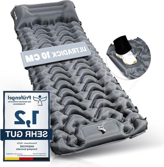 HIKENTURE Isomat zelfopblazend 10 cm isolerende campingmat - luchtmatras met voetpomp - kamperen outdoor wandelen tent - grijs A1 van HI