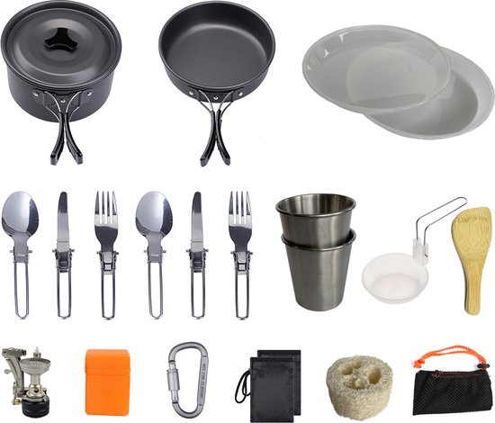 Hikr® Camping Pannenset - Premium complete 22-delige kookset - Lichtgewicht - Kookgerei servies - Outdoor - BPA-vrij - Keukengerei set van HI
