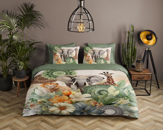 HIP dekbedovertrek mandalas, bloemen & safari dieren - Lits jumeaux 240x200/220 cm - Groen - 100% Katoen satijn