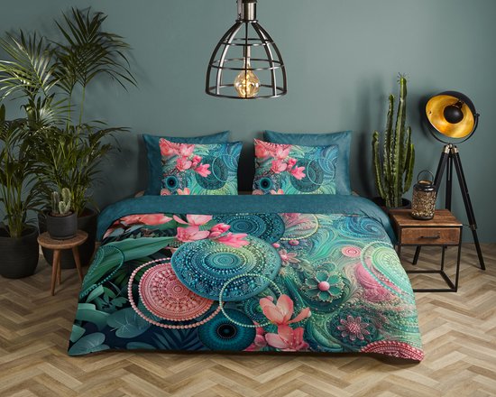 HIP dekbedovertrek mandala�s en bloemen - Lits jumeaux 240x200/220 cm - Petrol - 100% Katoen satijn van Merkloos