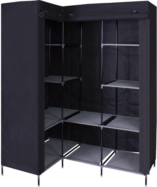 HK1Z Opvouwbare Kledingkast – B126 x D40 x H170 cm – 9 Legplanken – Stalen Frame - 90KG Draagkracht – Stoffen Garderobekast – Legkast Hoekmodel – Kampeerkast – Zwart