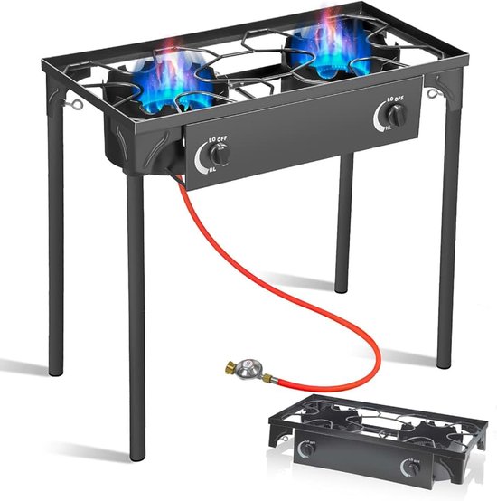 Hockerkocher gas 2-pits met afneembare poten, campingkooktoestel inclusief 1,5 m slang en 50 mbar drukregelaar, 4-potige gaskooktoestel voor camping en outdoor