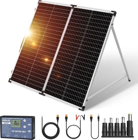 Hoge Kwaliteit Dubbele Zonnepanelen Compleet Pakket met Stekker en Accu - Zonnepanelen Plat Dak - Voor Thuis Camper en Camping - Zonnepaneel Opvouwbaar - Power Pack Bundel - 100W - Zwart van Dyonix