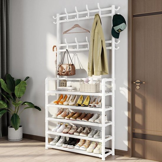 Home Organizer Kapstok met Schoenenbank en Opbergrek - Halboom voor in de Ingang - Halkast met Stabiel Metalen Frame - B80 * 26 * 172CM van Songmics