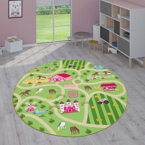 Home Vloerkleden Voor Kinderen Laagpolige Vloerkleden Voor Kinderkamer Met Versch. Designs Speelvloerkleden Meerkleurig, Maat:Ø 200 cm rondje, Kleur:Groen