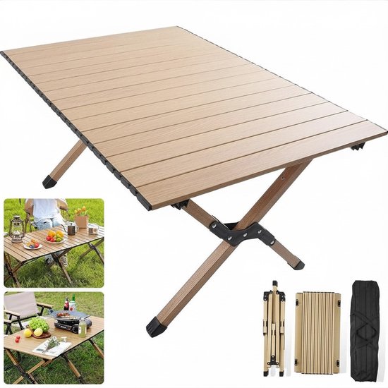 HomeGoodies - Campingtafel opvouwbaar – Lichtgewicht eierrol tuintafel met draagtas – 118 x 60 cm – Stabiel frame - Bruin