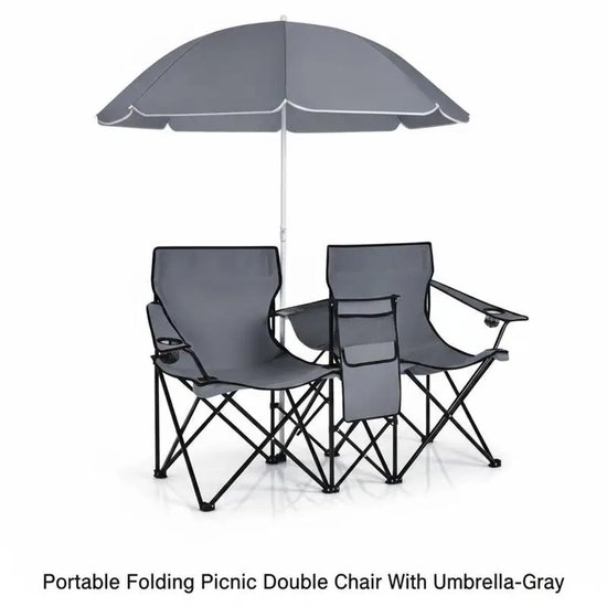 HomeGoodies - Dubbele campingstoel opvouwbaar - Verstelbare parasol - Roestvrij stalen frame - Waterdicht - Strand & patio - Grijs