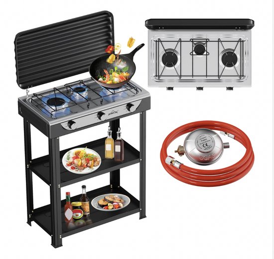 HOMELUX 3-pits gasfornuis met onderstel - 5,4 kW - Kookstel - Camping gasfornuis met plankjes - 1,5 m aansluitslang en 50 mbar drukregelaar - KWALITATIEF - Zwart