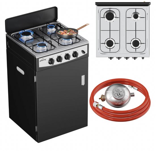 HOMELUX 4-pits campinggasfornuis met opbergbox - Camping kookstel - 6,2 kW gasfornuis met 1,5 m aansluitslang en 50 mbar drukregelaar - KWALITATIEF - Zwart