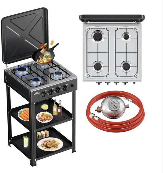 HOMELUX 4-pits gasfornuis met onderstel - 6.2kW - Kookstel - Camping gasfornuis met plankjes - 1,5 m aansluitslang en 50 mbar drukregelaar - KWALITATIEF - Zwart