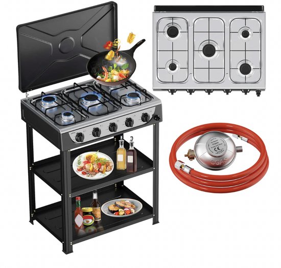 HOMELUX 5-pits camping gasfornuis met onderstel - Camping kookstel met planken - 7,2 kW - Gasfornuis met 1,5 m aansluitslang en 50 mbar drukregelaar - KWALITATIEF - Zwart