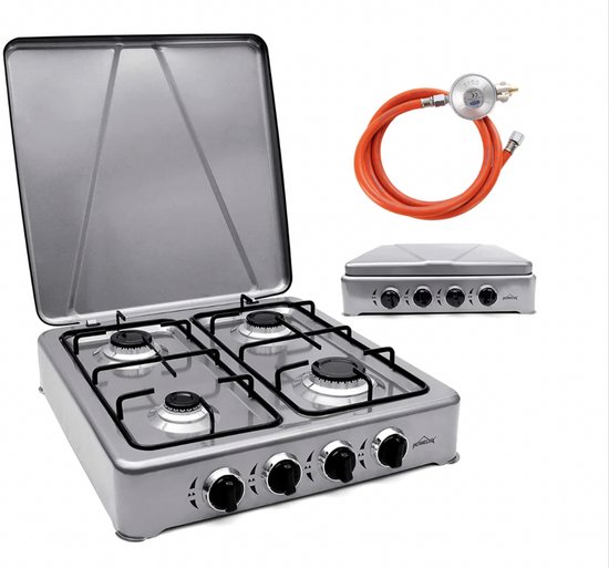 HOMELUX 6,2 kW gasfornuis - 4 branders verschillende maten - Campingkookplaat met deksel - Met slang en 50mbar drukregelaar - Gasfornuis voor buiten - Grijs