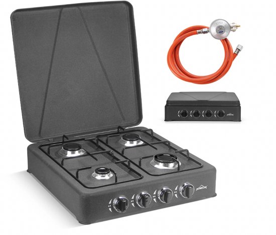 HOMELUX 6,2 kW gasfornuis - 4 verschillende branders - Campingkookplaat met deksel - Met slang en 50mbar drukregelaar - Gasfornuis voor buiten - Mat zwart