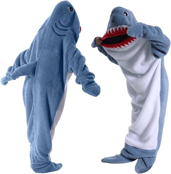 Hooded Flanellen Deken met Vinnen - Blauwe Shark Slaapzak met Voeten voor Feestjes en Cosplay