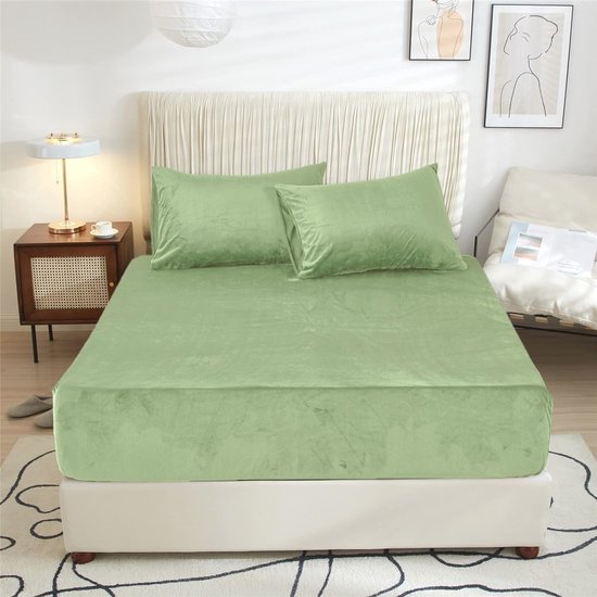 Hoogwaardig Hoeslaken 160 x 200 cm in Groen - Warm Pluche Flanel voor Tweepersoonsbed van Merkloos