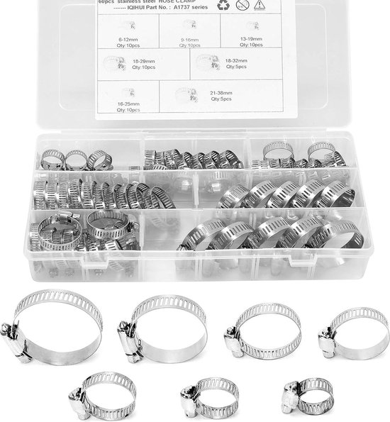 Hose Clamps Stainless Steel Set, 8 Sizes, 6-38 mm, 60 Pieces, Adjustable Hose Clamps, Pipe Clamps, Hose Binder, Pipe Hose for Home, Gas Pipe, Water Pipe, Pond, Garden, Automotive Tubing van Bessey.