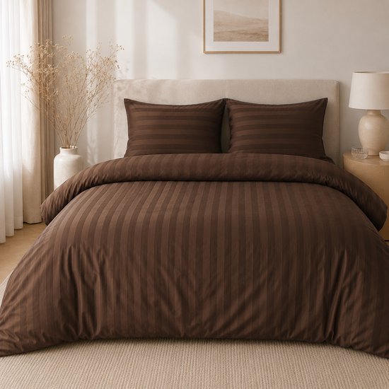 Hotellinnen Dekbedovertrek Koffie Bruin - 27mm Streep - 140 x 200/220 cm - 1 kussensloop