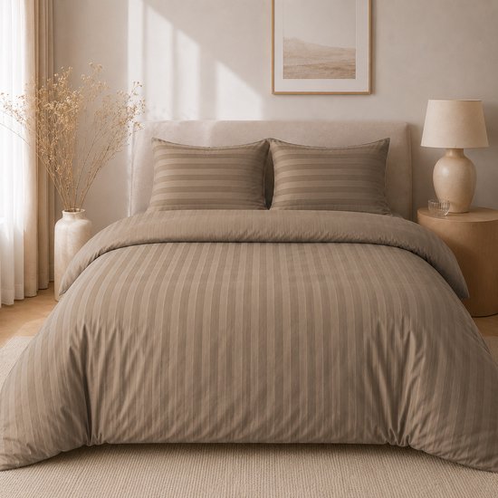 Hotellinnen Dekbedovertrek Taupe | 27mm Streep - 200 x 200/220 cm + 2 kussenslopen