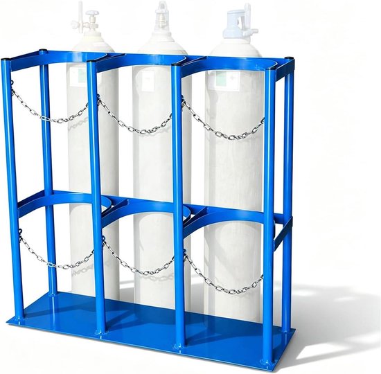 Houder voor gasflessen - Stalen standaard - Flessen veilig opbergen - Verstelbare beschermketting - 40 liter capaciteit - Blauw
