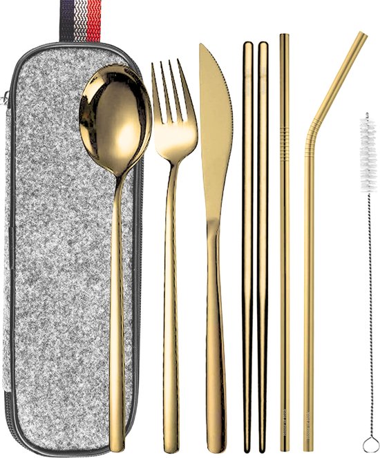 House of Husk Reisbestek - Reis Bestekset - Chopsticks - Metalen Rietjes met borstel - Lepel - Vaatwasserbestendig - RVS - 7 Delig - Goud van House of Husk