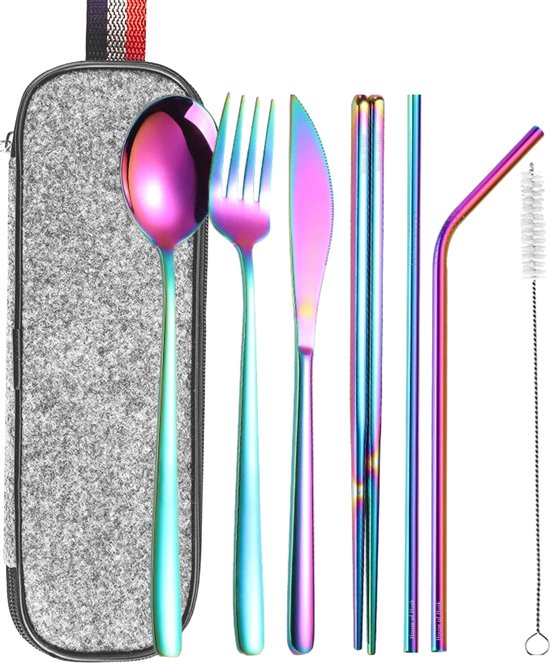 House of Husk Reisbestek - Reis Bestekset - Chopsticks - Metalen Rietjes met borstel - Lepel - Vaatwasserbestendig - RVS - 7 Delig - Rainbow van House of Husk