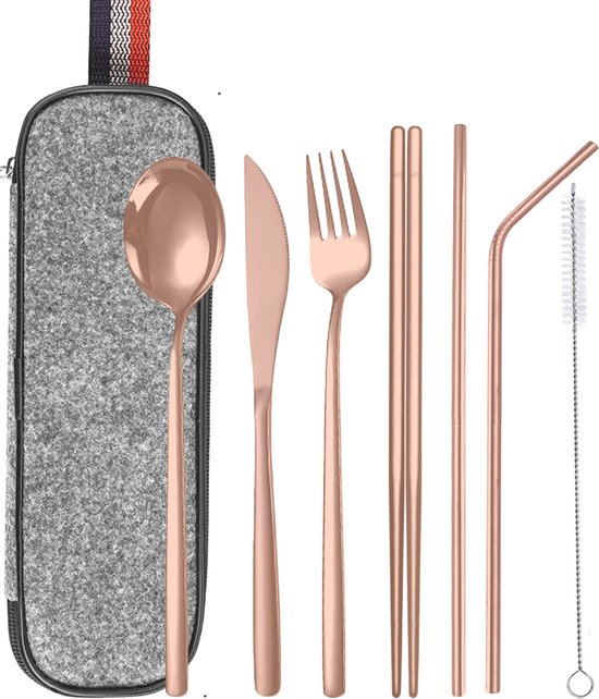 House of Husk Reisbestek - Reis Bestekset - Chopsticks - Metalen Rietjes met borstel - Lepel - Vaatwasserbestendig - RVS - 7 Delig - Rose Goud van House of Husk