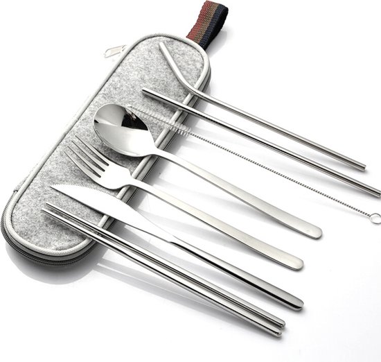 House of Husk Reisbestek - Reis Bestekset - Chopsticks - Metalen Rietjes met borstel - Lepel - Vaatwasserbestendig - RVS - 7 Delig - Zilver van House of Husk