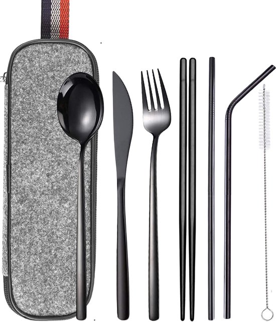 House of Husk Reisbestek - Reis Bestekset - Chopsticks - Metalen Rietjes met borstel - Lepel - Vaatwasserbestendig - RVS - 7 Delig - Zwart van House of Husk