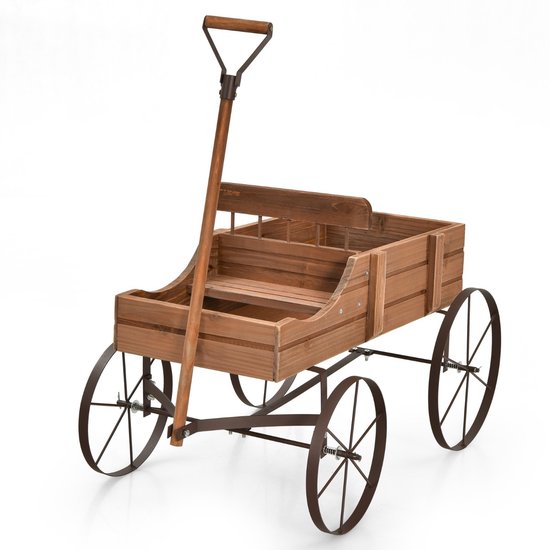 Houten Bolderkar Bloem/Plantenbak Decoratieve Pot Standaard met Wielen en 2 Planten Secties Buiten Tonnetje Planter Bruin van Merkloos