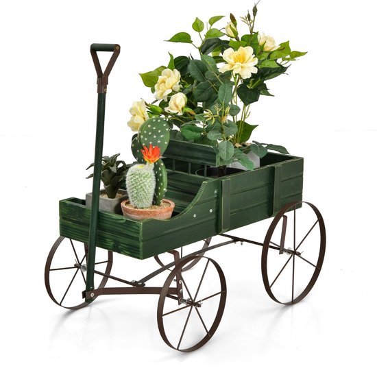 Houten Bolderkar Bloem/Plantenbak Decoratieve Pot Standaard met Wielen en 2 Planten Secties Buiten Tonnetje Planter Groen van Merkloos