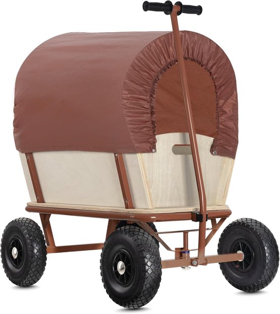 Houten bolderkar in westernstijl - Duurzame tuinwagen met bruin dekzeil en stuurbare vooras - Ideaal voor transport met een laadvermogen tot 100 kg van Merkloos
