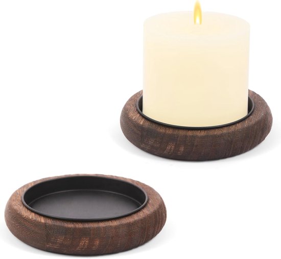 Houten Kandelaar Set voor Tafel Decoratie - Rustieke Houten Plaat en Pijler Houder van Houten