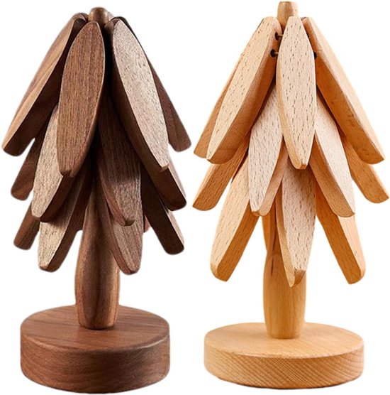 Houten onderzetters voor warme gerechten, hittebestendig en opvouwbaar, ideaal voor theepotten en pannen, 2 stuks met boomontwerp