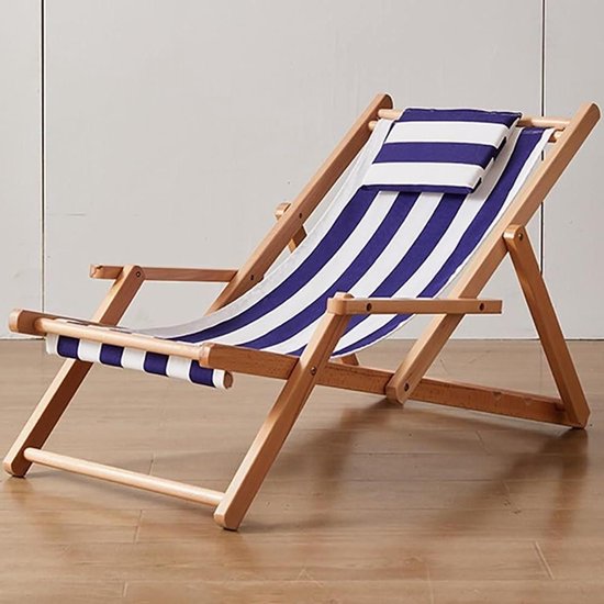 Houten Strandstoel - Opvouwbare Ligstoel - Ontspannen in de Zon - 4 Verstelbare Posities - 54x104x81.5CM - Blauw