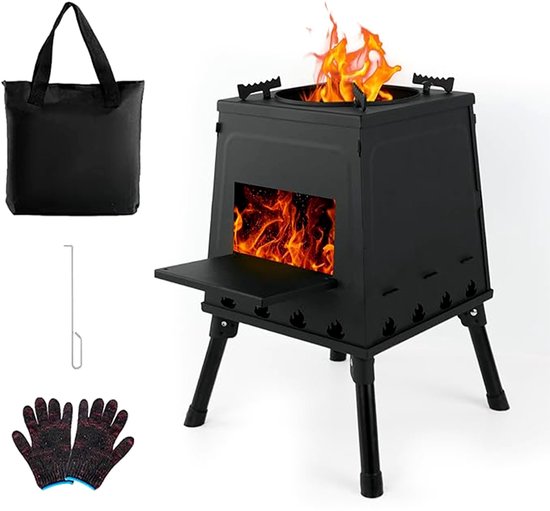 Houtgestookte tentkachel - Campingbarbecue - Draagbare houtkachel - Houtgestookte survivalkachel voor buiten - Opvouwbare winddichte campingkachel - Geschikt voor reizen, kamperen en buiten koken - Roestvrij staal - Zwart