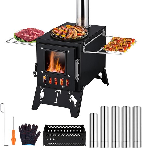 Houtkachel Buiten - Tentkachel Sauna - Kamperen Verwarmen Koken - Inclusief Saunabak - 54x30x141 cm - Zwart