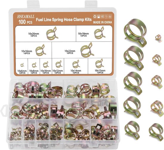 HSEAMALL 100pcs Spring Hose Clamps, Fuel Line Hose Clamps, Water Pipe Air Tube Silicone Vacuum Hose Clamp Fastener 6-22mm 10 Size van HSEAMALL
