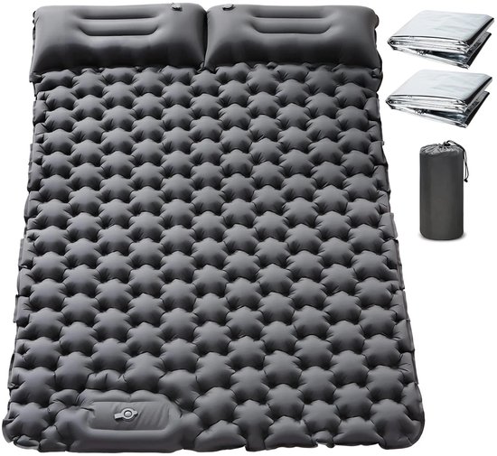 Hutjemutje - opblaasbare kampeerslaapmat - voor 2 personen - ingebouwde voetpomp - met kussens - 196x125x9CM - geschikt voor backpacken, wandelen, autotochten, kamperen in tenten - grijs