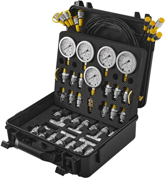 Hydraulische Druktang – Hydrauliek Meter – Drukmeter Set – Druktest Kit – Hydraulische Pressure Gauge – 5 Manometers 0-600 Bar – Roestvrij Stalen Meetinstrumenten – 13 Koppelingen Met 5 Testslangen van Merkloos