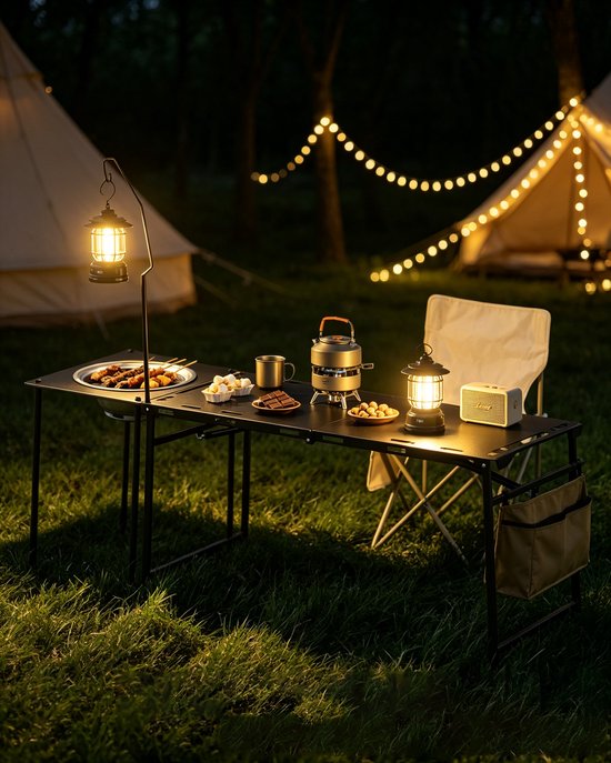 Hydraulisch/pneumatisch inklapbare barbecuetafel + grill + lampenstandaard geschikt voor buitengebruik afmetingen 143*48*50 cm Draagbare campingtafel lichtgewicht metalen barbecuetafel geschikt voor kamperen picknicks en barbecues zwart