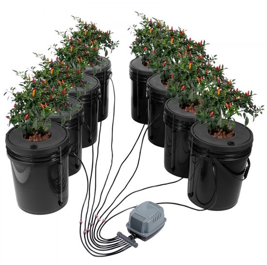 Hydroponisch Kweeksysteem - DWC Diepwatercultuur Set - 8 Emmers 19 L - Met Luchtpomp en Luchtstenen - Waterniveau-indicator - Voor Bladgroenten